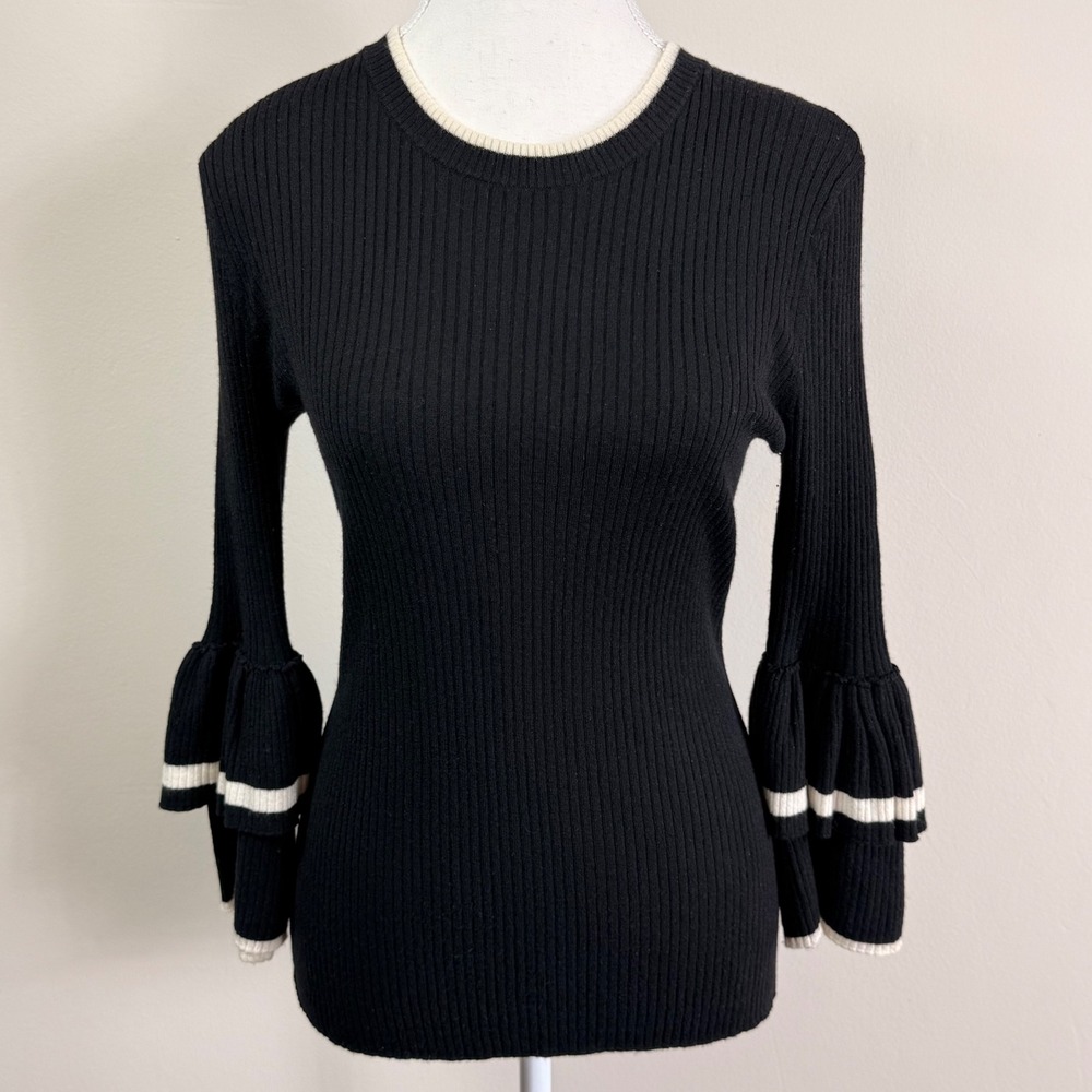 FRAME Black Wool Blend Rib Tiered Ruffle Bell Sleeve Striped Trim Sweater Small
